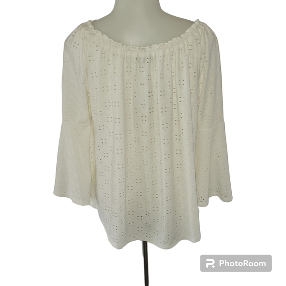 MELISSA Paige White Eyelet 3/4 Bell Sleeve Ruffle Collar Boho Tunic Top Blouse - Picture 3 of 8